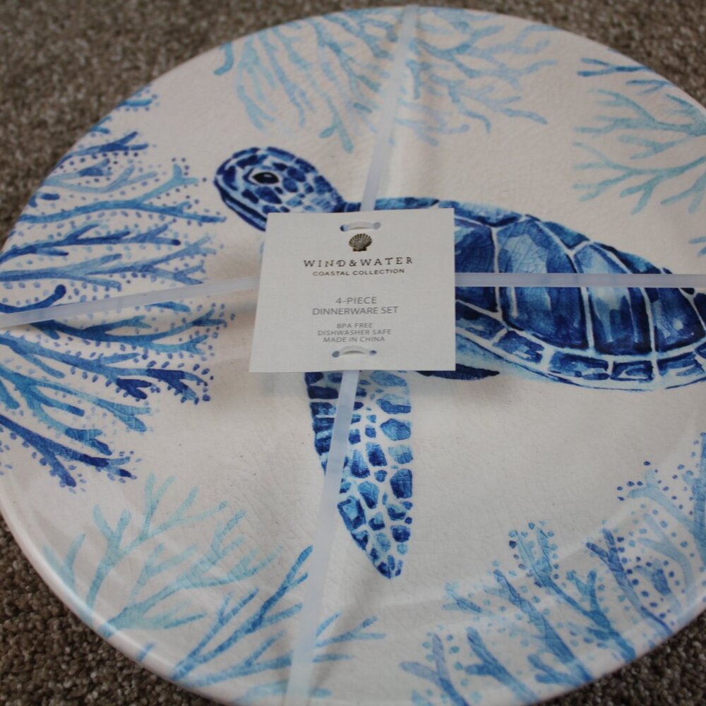 Wind & Water Coastal Dinner Plates Sea Turtle Set of 4 Melamine 11" Blue NWT - Picture 6 of 7
